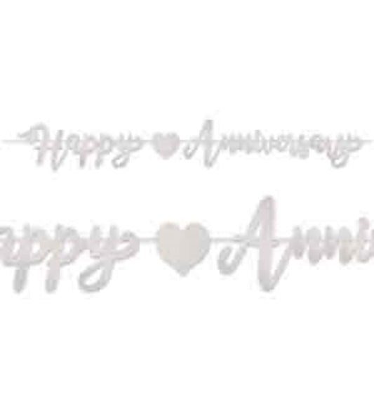 Silver foil streamer with cursive "Happy Anniversary" text and a heart shape in the center.