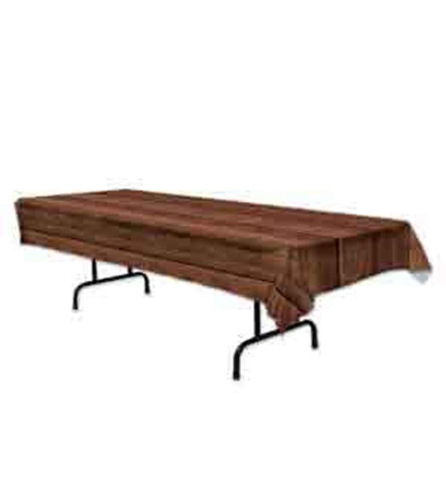 Rectangular tablecover with realistic dark brown wooden plank design, perfect for themed parties.