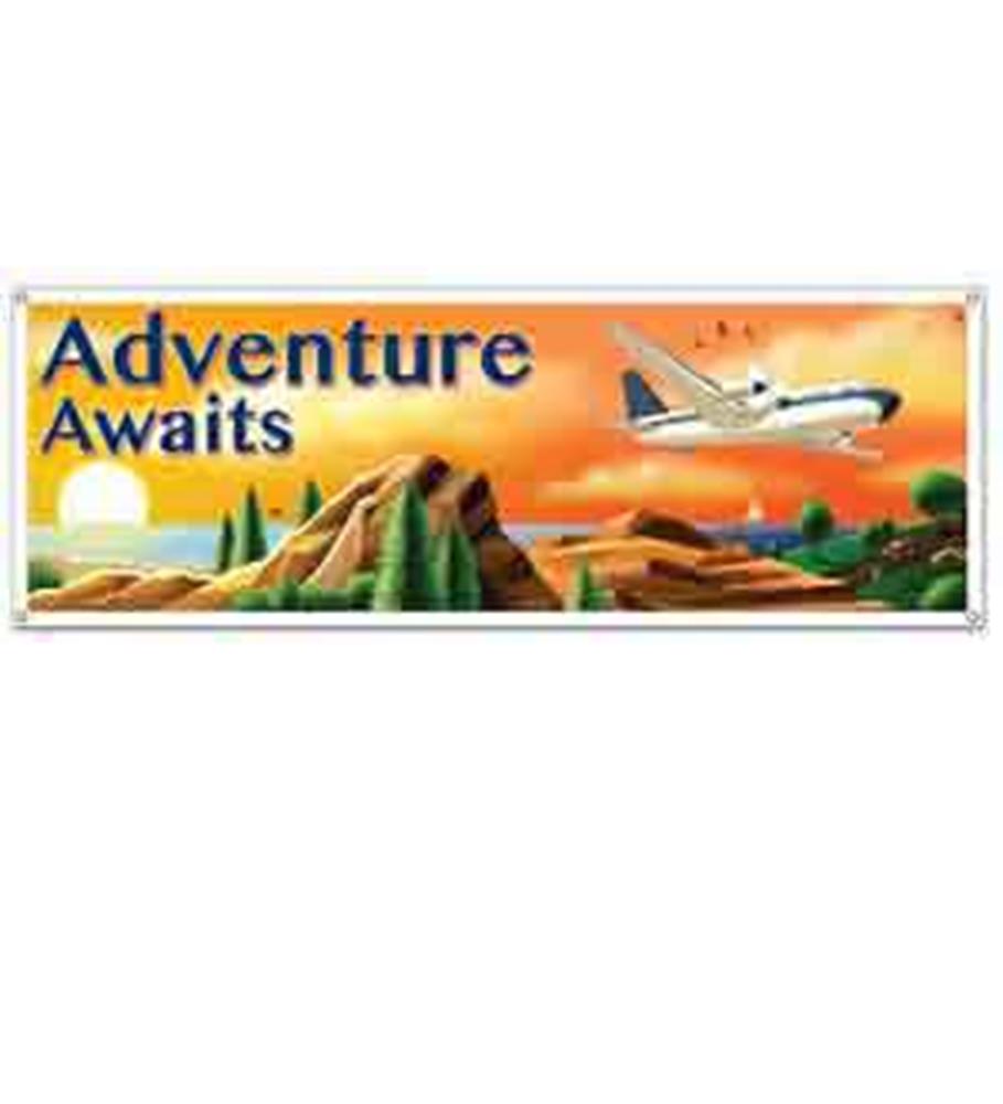 Rectangular sign banner with "Adventure Awaits" text in blue over orange sky, featuring mountains and a flying airplane.