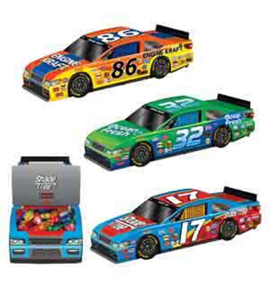 Set of three colorful race car 3D centerpieces in orange, green, and blue with racing decals and numbers 86, 32, and 17.