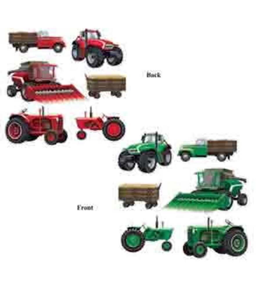 Set of colorful farm equipment cutouts including red and green tractors, combines, and trailers with detailed wheels and.