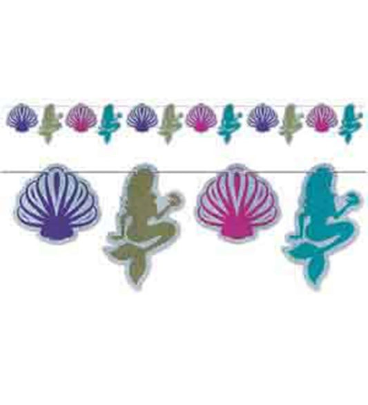 Colorful Under the Sea themed paper streamer with alternating purple and pink seashells and turquoise and gold mermaids.