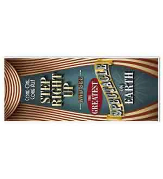 Vintage circus-themed door cover in blue, red, and cream with bold typography and wavy stripes.