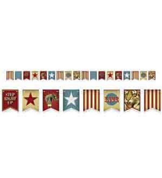 Vintage circus-themed paper streamer with alternating red, blue, and beige panels featuring stars, stripes, and circus.