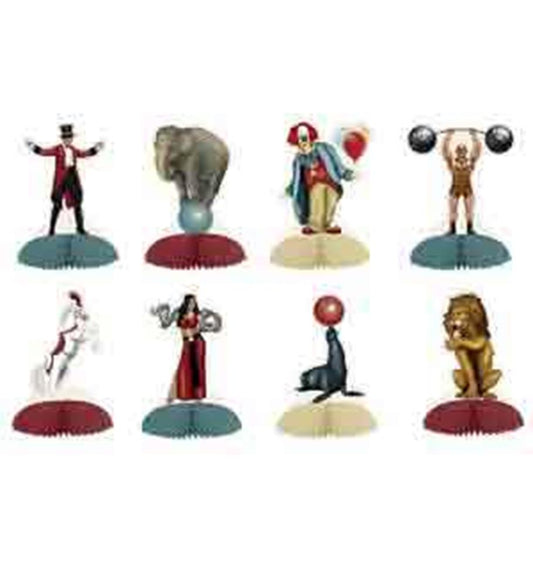 Set of eight vintage-style circus figurines including ringmaster, elephant, clown, strongman, horse rider, magician, seal.