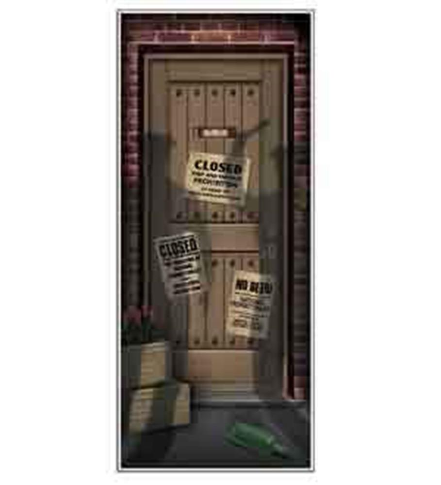 Brown wooden door with vintage signs reading closed and warnings, set in a brick wall with crates and a green bottle on the.