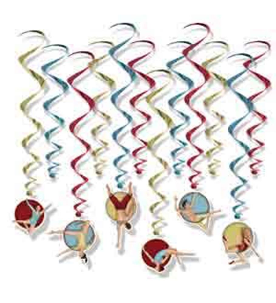 Colorful spiral ceiling decorations with vintage circus balls hanging at the ends in red, blue, yellow, and white tones.