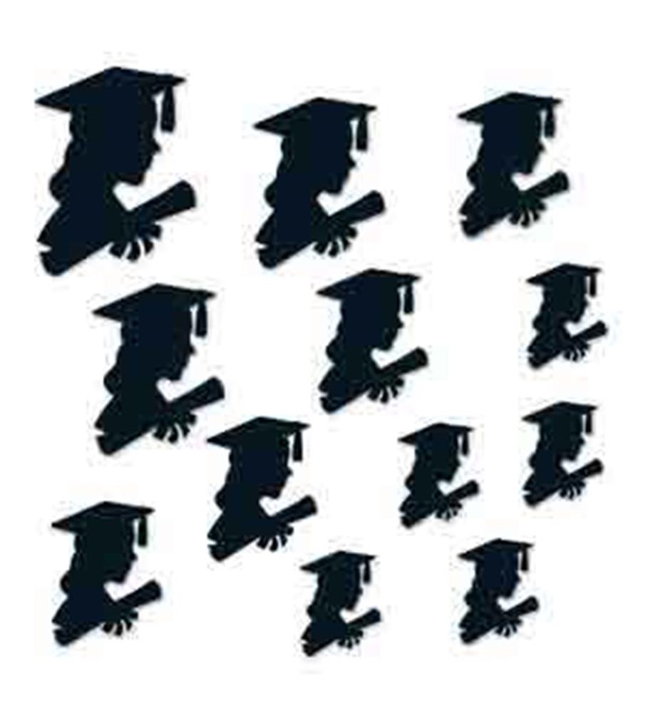 Black silhouette cutouts of a girl in a graduation cap and gown holding a diploma in various sizes.