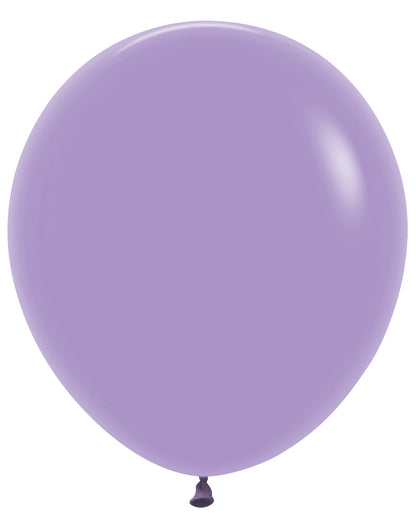 18-inch round lilac latex balloon with a smooth, shiny surface and tied neck.