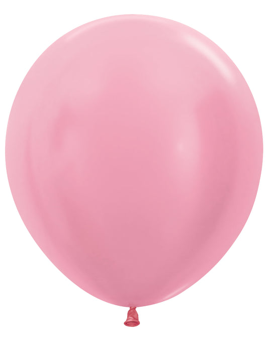 18-inch round pearl pink latex balloon with a smooth, shiny surface and tied neck.