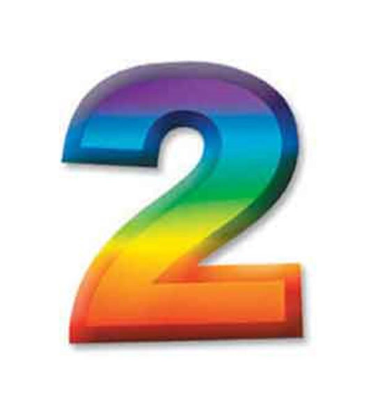 3D number 2 with a smooth gradient rainbow finish in vibrant blue, purple, green, yellow, and orange colors.
