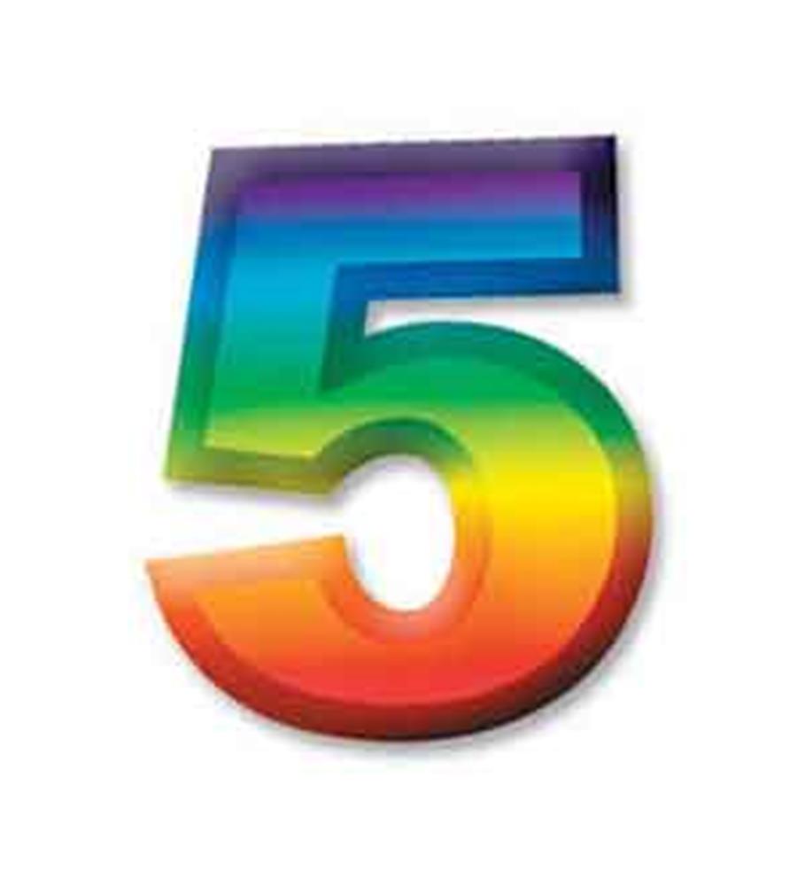 Colorful 3D number 5 with rainbow gradient and bold, rounded edges.