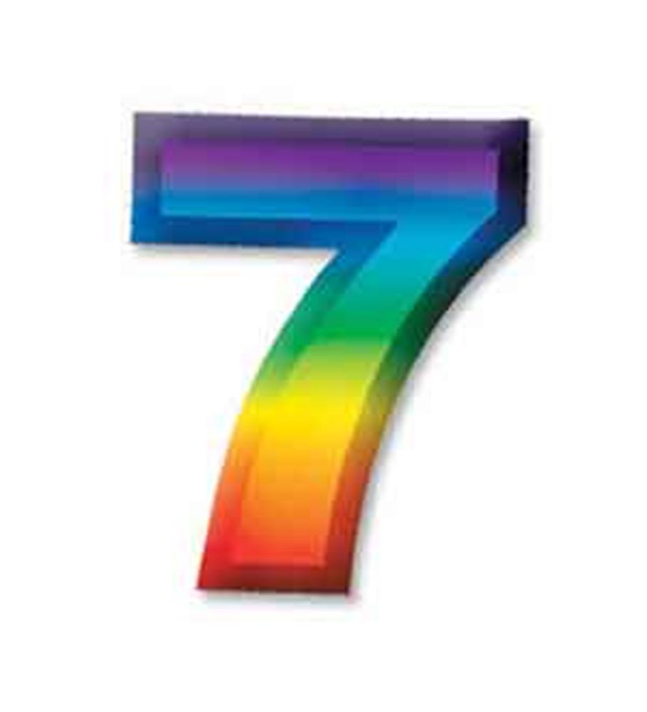 Rainbow-colored 3D number 7 with a glossy finish and bold, blocky shape.