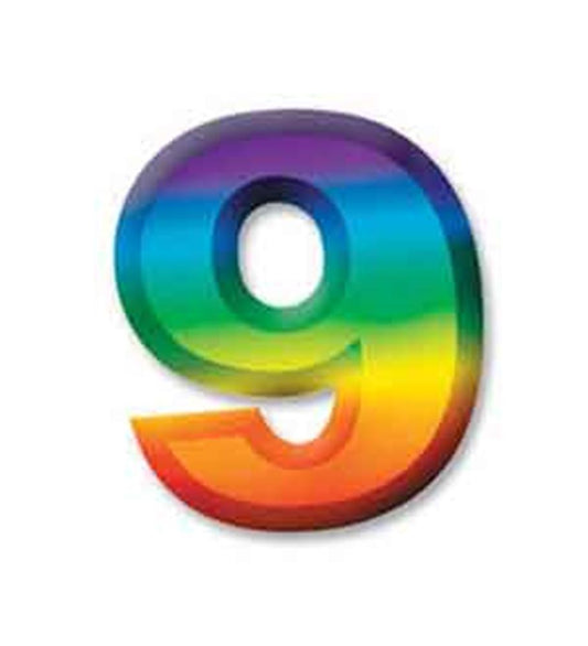 3D number 9 balloon with rainbow gradient colors in glossy finish.