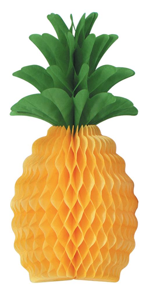 Decorative 12-inch tissue paper pineapple with textured yellow body and layered green leaves.