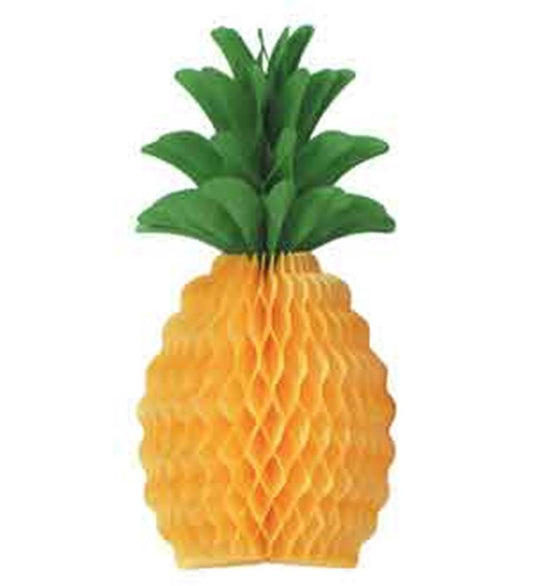 Yellow honeycomb tissue paper pineapple decoration with green leaves on top, 20 inches tall.