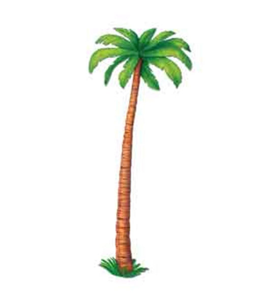 Tall jointed palm tree decoration with segmented brown trunk and bright green fronds.