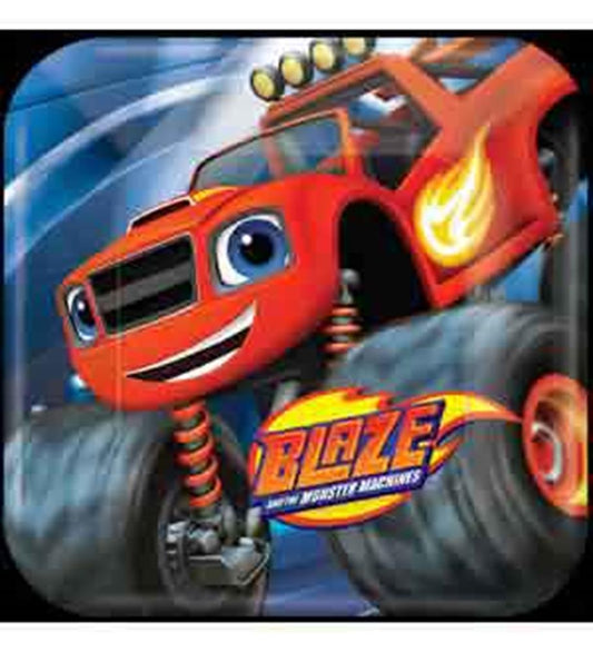 Square kids plate featuring Blaze the red monster truck with flames and big wheels on a black background.