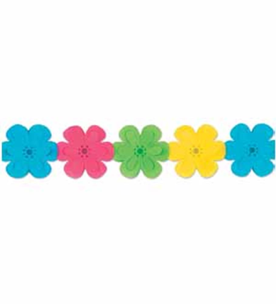 Colorful felt flower garland with blue, pink, green, and yellow five-petal flowers on a string.