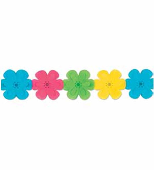 Colorful felt flower garland with blue, pink, green, and yellow five-petal flowers on a string.