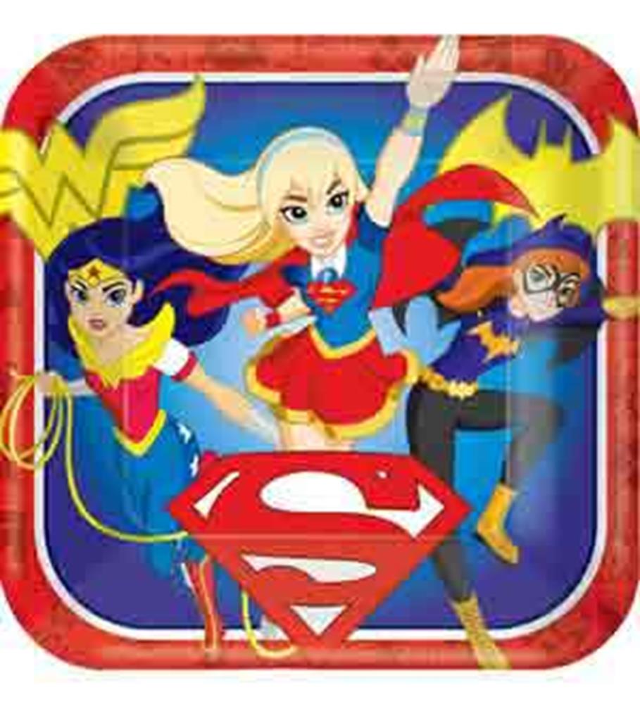 Square plate with Wonder Woman, Supergirl, and Batgirl in action poses on a red and blue background with DC Super Hero Girls .