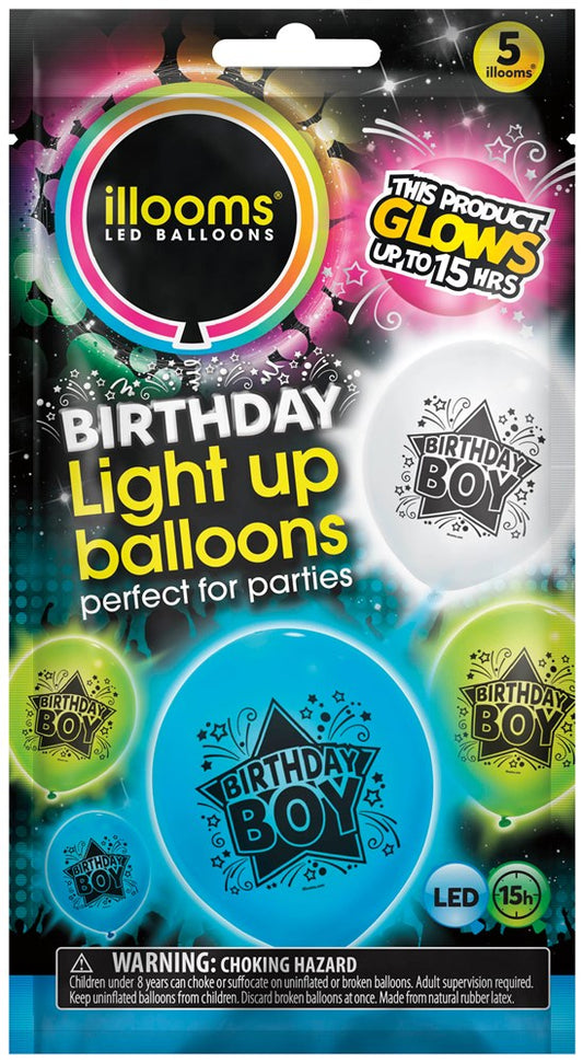 Five star-shaped LED balloons in silver, green, and blue with "Birthday Boy" text and glow feature.