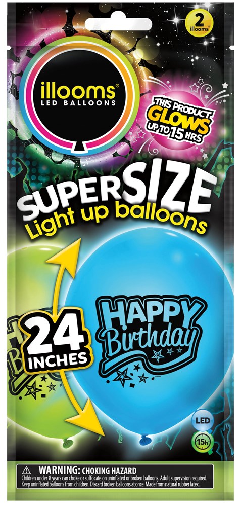 Two 24-inch blue and green LED light-up birthday balloons with "Happy Birthday" text and stars design.