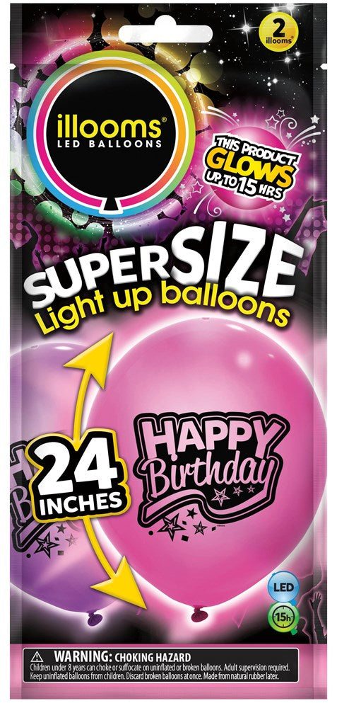 Two 24-inch pink and purple oversized LED balloons with "Happy Birthday" text and star accents on the packaging.