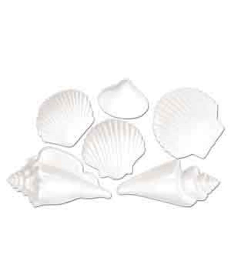 Set of six white plastic seashells in varied shapes including scallop, conch, and clam designs with a smooth, glossy finish.
