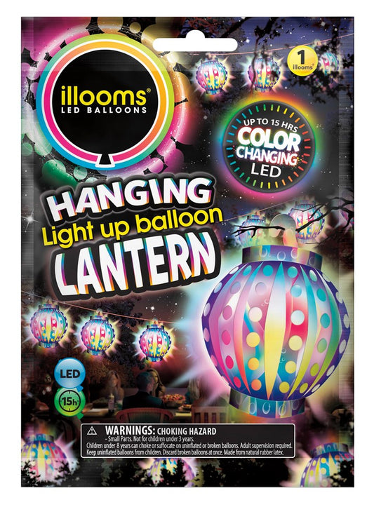 Colorful hanging lantern with LED color-changing lights and polka dot design.