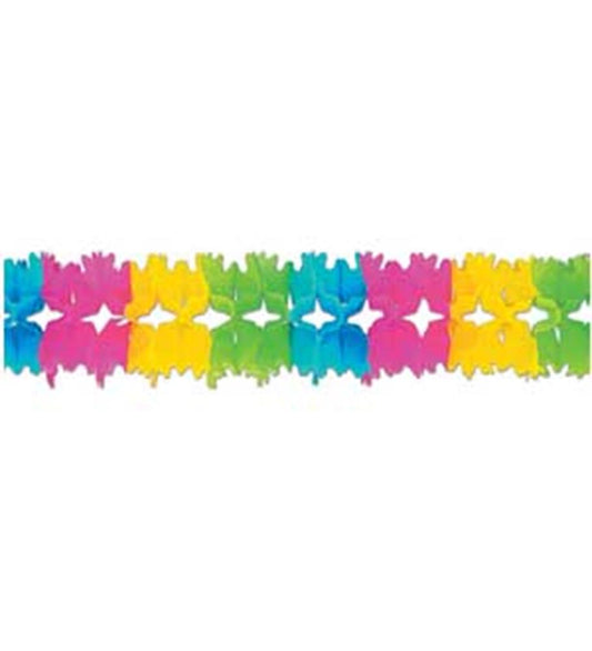 Colorful paper garland with repeating star and crown cutout shapes in pink, blue, yellow, and green.