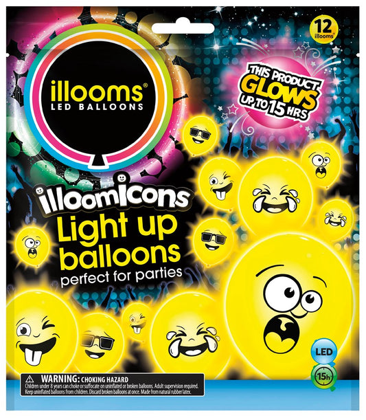 Set of 12 round yellow LED balloons with various funny emoticon faces, glowing effect shown on packaging.