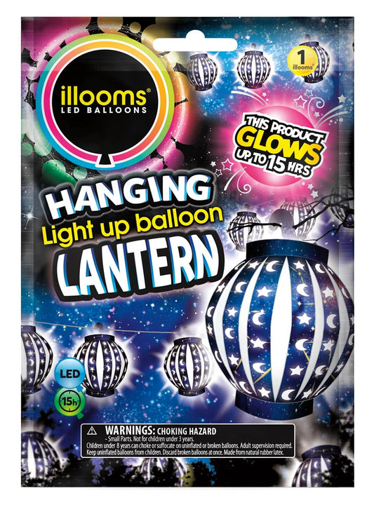 Hanging LED lantern shaped like a blue and white striped balloon with star cutouts that glow in the dark.