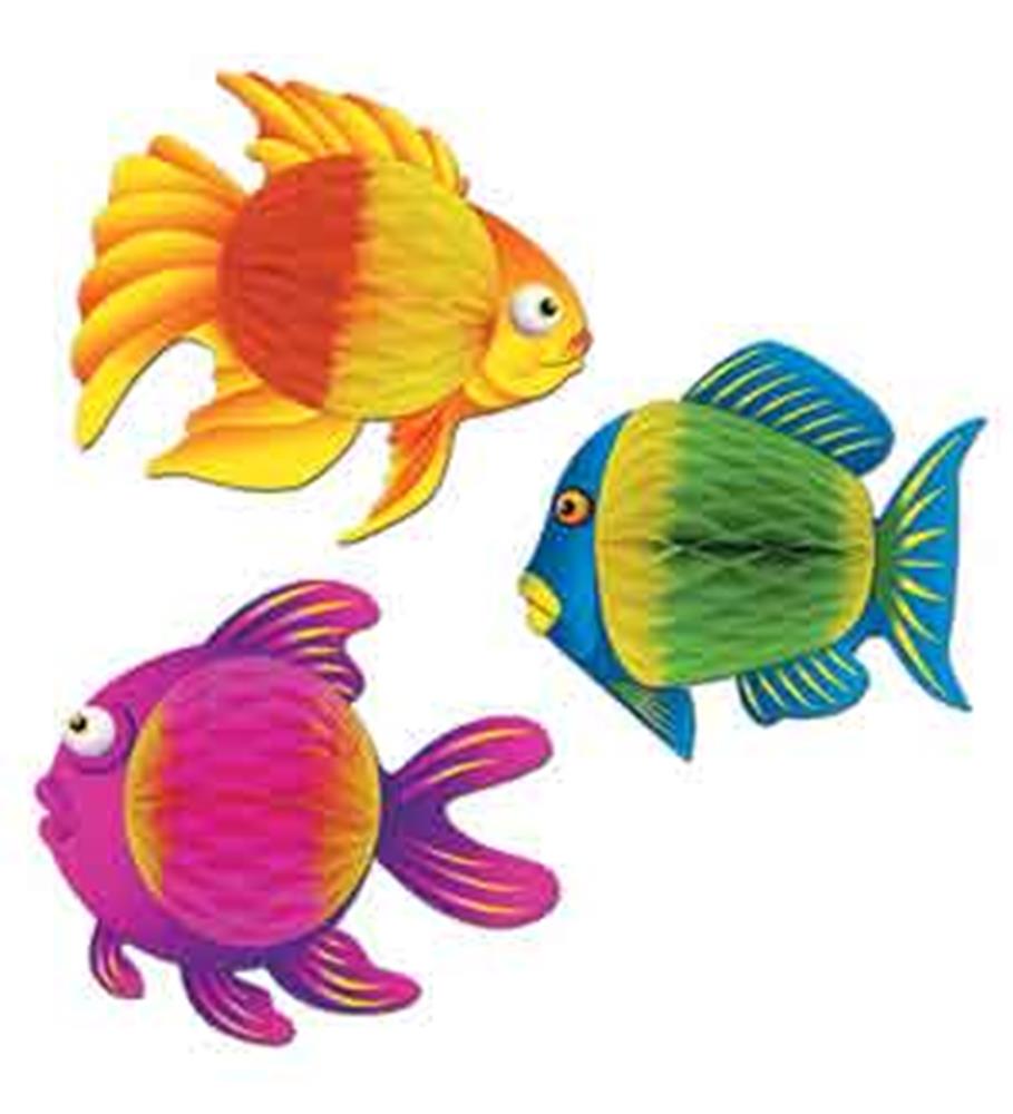 Set of three colorful tropical fish toys in orange, blue-green, and purple-pink with textured scales.