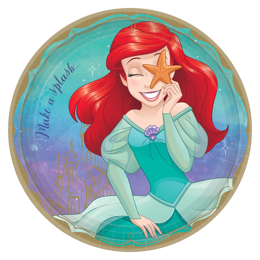 Round 9-inch paper plate featuring Ariel with red hair and teal dress holding a starfish over one eye, ocean background in.