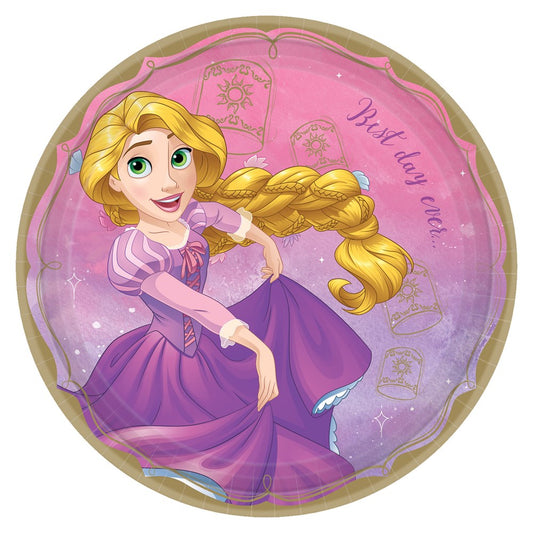 Round 9-inch paper plate with scalloped edges featuring Rapunzel in a purple dress on a pink and purple background with.