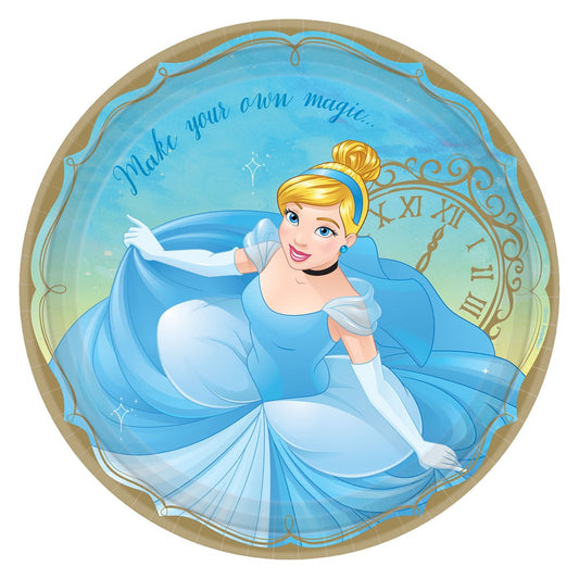 Round 9-inch paper plate with Cinderella in blue gown and gold clock background, text "Make your own magic".