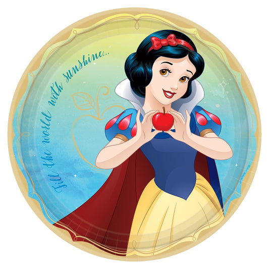 Round 9-inch paper plate featuring Snow White holding a red apple, colorful blue and yellow background with gold border.