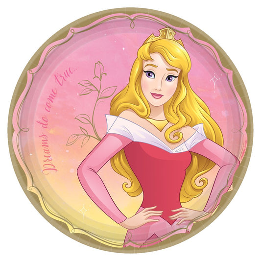 Round pink paper plate with scalloped gold edges featuring Disney Princess Aurora in a pink gown and crown.