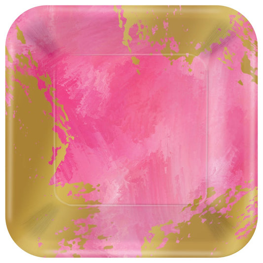 Square pink plate with gold metallic brushstroke accents, large size.