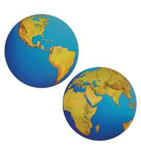 Two round cutouts of planet Earth showing blue oceans and detailed yellow-brown continents from different angles.