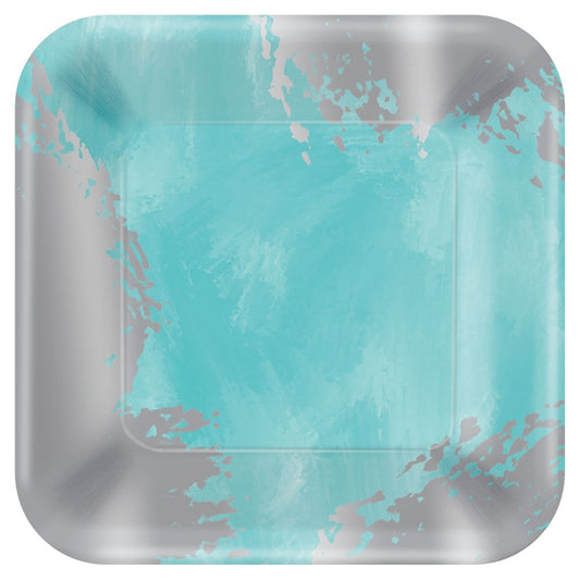 Square robin's egg blue plate with metallic silver edges and a glossy finish.