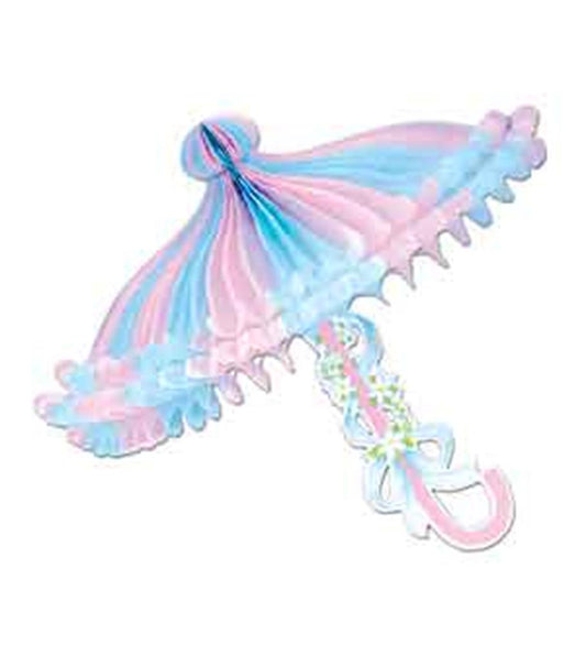 Colorful tissue paper parasol in pastel pink, blue, and white with scalloped edges and a decorative handle.
