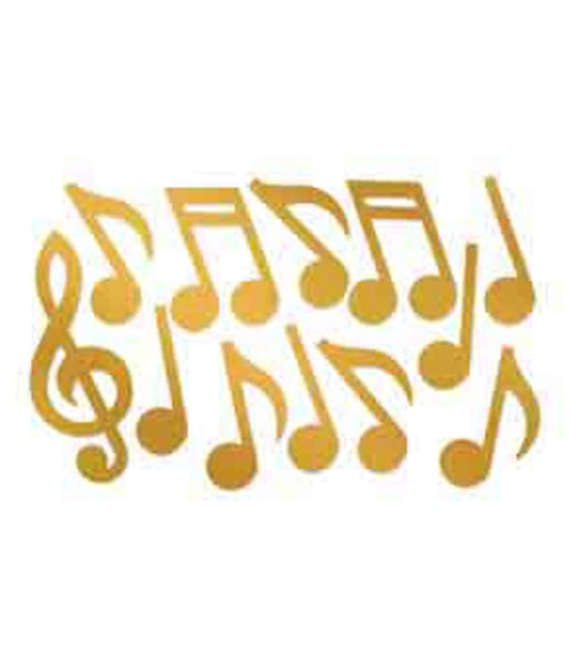 Gold foil musical notes and treble clef silhouettes in various shapes and sizes.