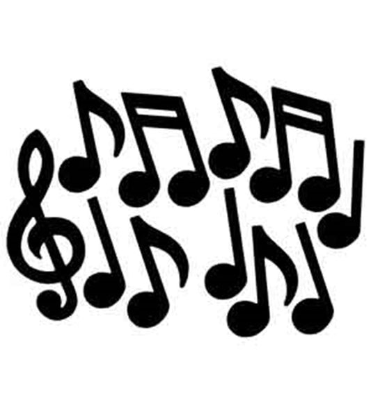 Set of black musical note stickers featuring treble clef and various note symbols on white background.