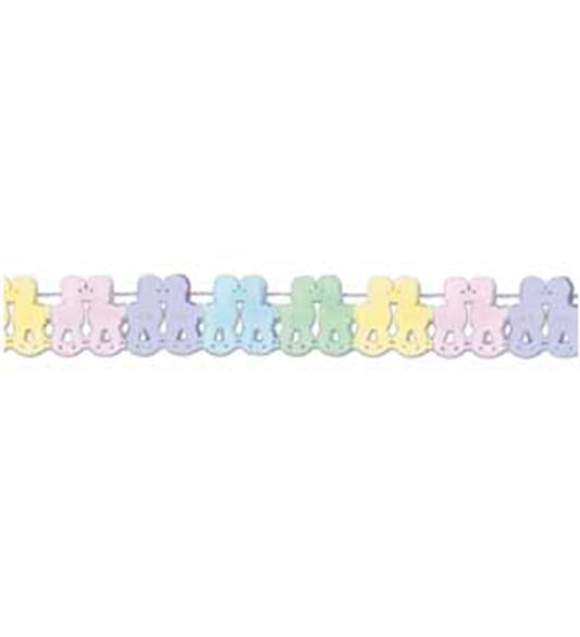 Pastel rocking horse garland with alternating colors in pink, purple, blue, green, and yellow, strung on white string.