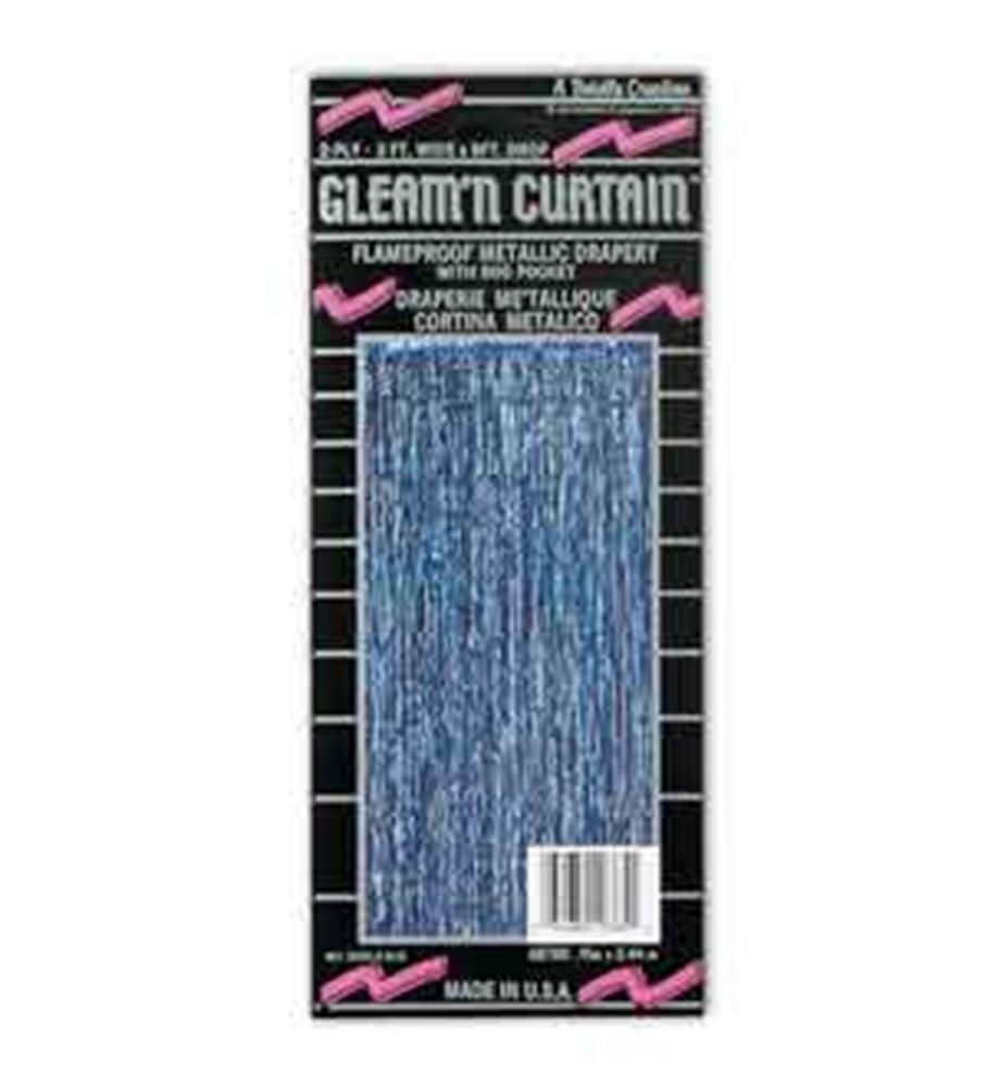 Shiny blue foil fringe curtain with metallic strands, 3 feet by 8 feet, packaged flat.