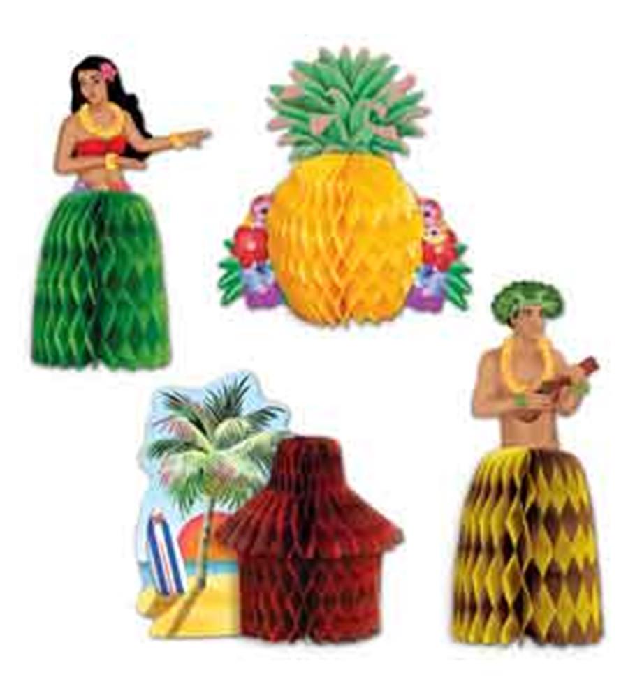 Green grass skirt dancer, yellow pineapple, tiki huts, hula player, palm tree with surfboards.