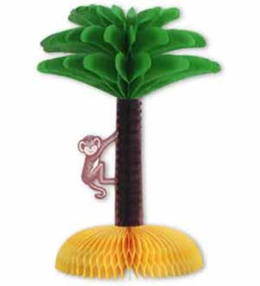 Decorative Luau centerpiece with honeycomb paper palm tree and hanging pink monkey.