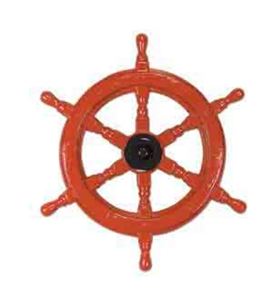 Red plastic nautical ship's helm with eight spokes and a black central hub.